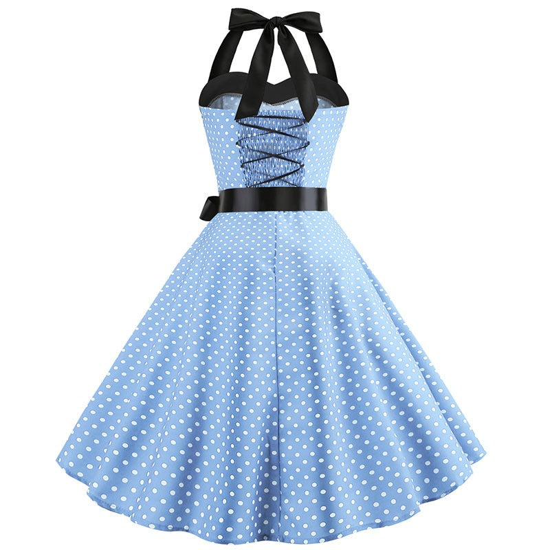 Sexy retro vermelho bolinhas vestido audrey hepburn vintage halter vestido 50s 6