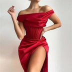 Townlike-Vestido elegante de cetim stretch feminino, divisão alta, decote em V p