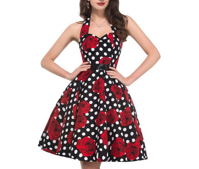 Sexy retro vermelho bolinhas vestido audrey hepburn vintage halter vestido 50s 6