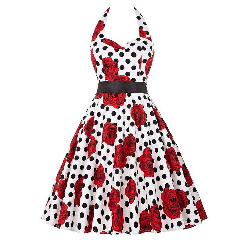Sexy retro vermelho bolinhas vestido audrey hepburn vintage halter vestido 50s 6