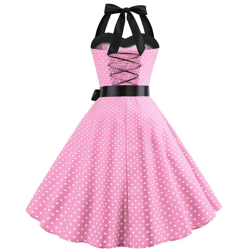 Sexy retro vermelho bolinhas vestido audrey hepburn vintage halter vestido 50s 6