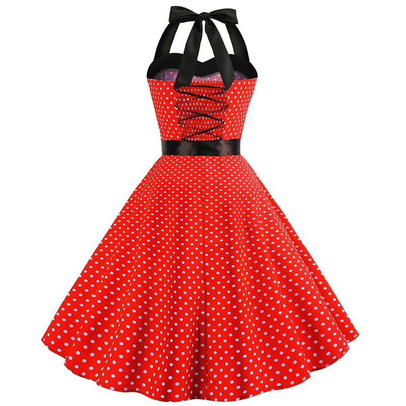 Sexy retro vermelho bolinhas vestido audrey hepburn vintage halter vestido 50s 6