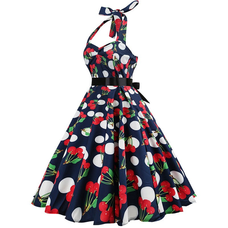 Sexy retro vermelho bolinhas vestido audrey hepburn vintage halter vestido 50s 6