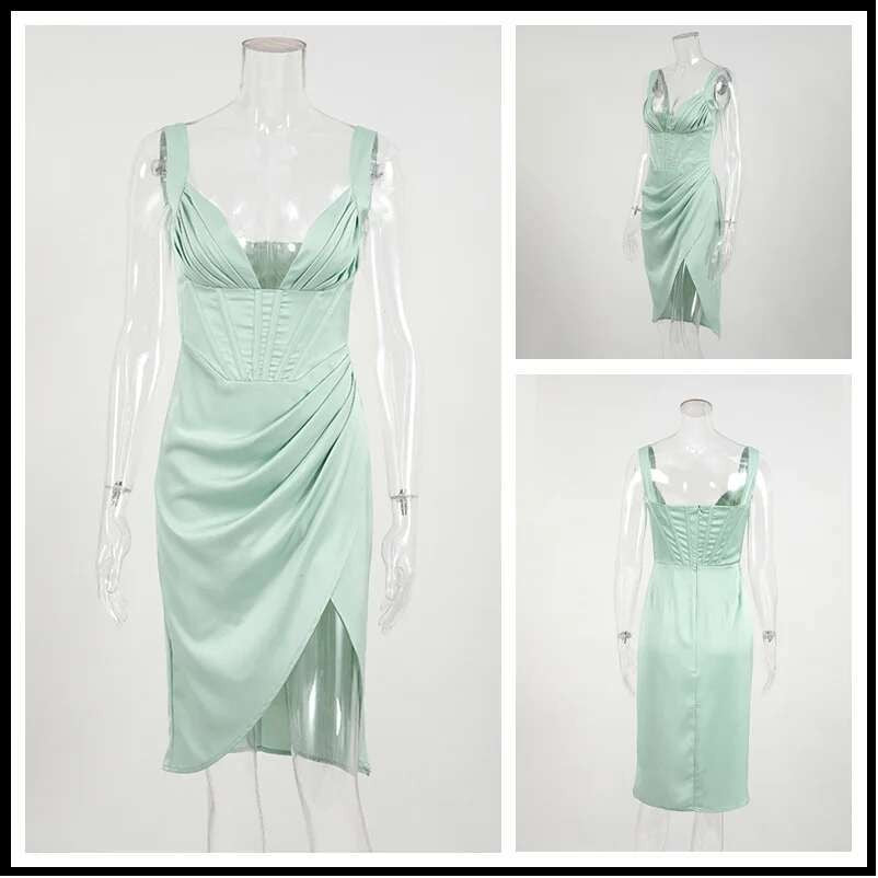 Townlike-Vestido elegante de cetim stretch feminino, divisão alta, decote em V p