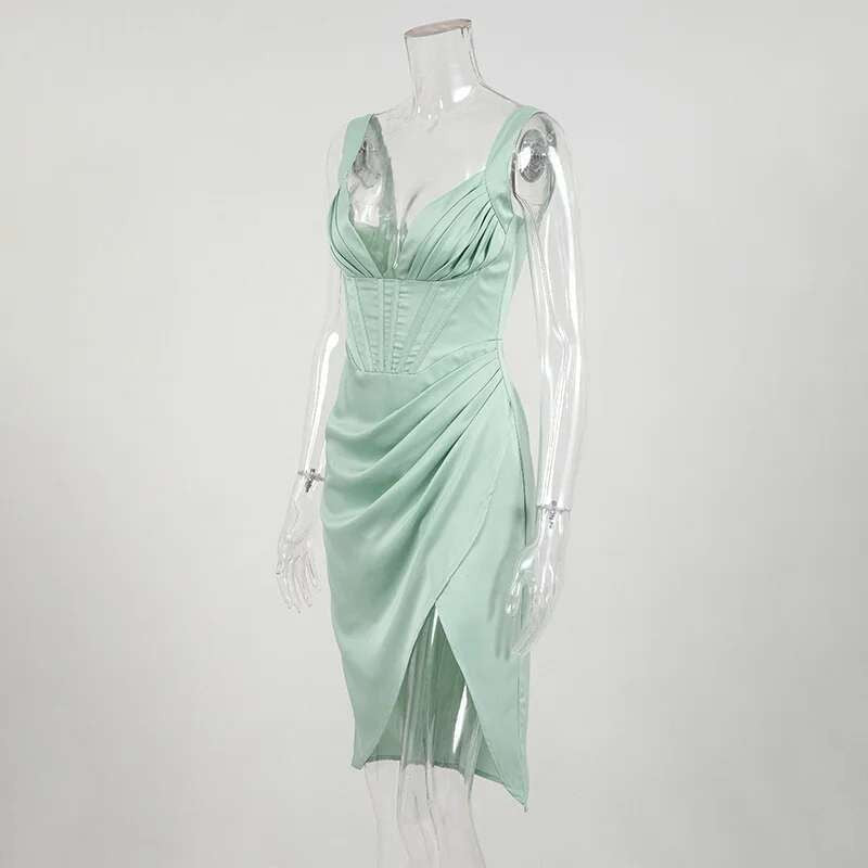 Townlike-Vestido elegante de cetim stretch feminino, divisão alta, decote em V p