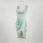 Townlike-Vestido elegante de cetim stretch feminino, divisão alta, decote em V p