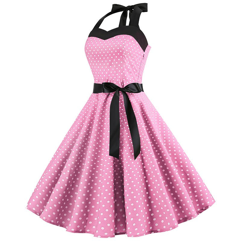 Sexy retro vermelho bolinhas vestido audrey hepburn vintage halter vestido 50s 6