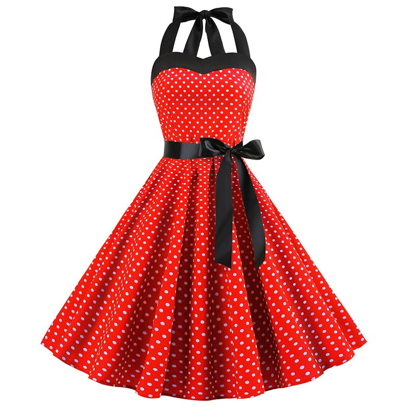 Sexy retro vermelho bolinhas vestido audrey hepburn vintage halter vestido 50s 6
