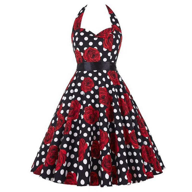 Sexy retro vermelho bolinhas vestido audrey hepburn vintage halter vestido 50s 6