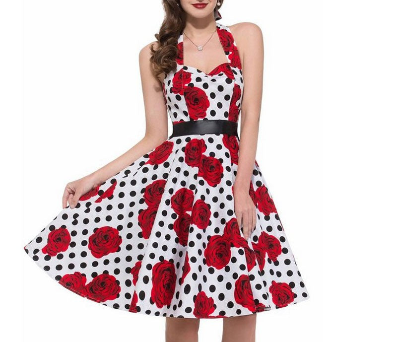 Sexy retro vermelho bolinhas vestido audrey hepburn vintage halter vestido 50s 6