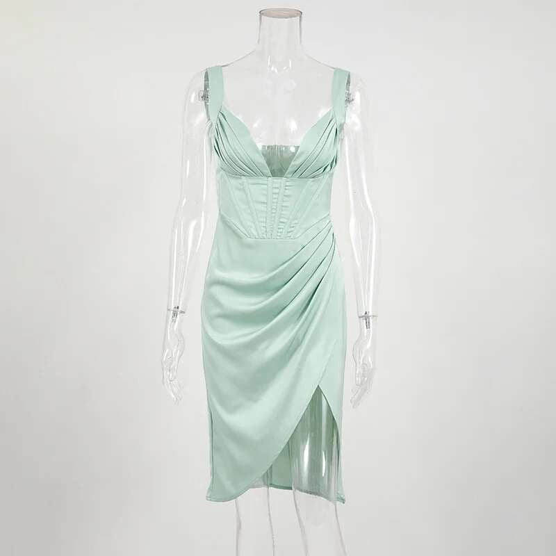 Townlike-Vestido elegante de cetim stretch feminino, divisão alta, decote em V p
