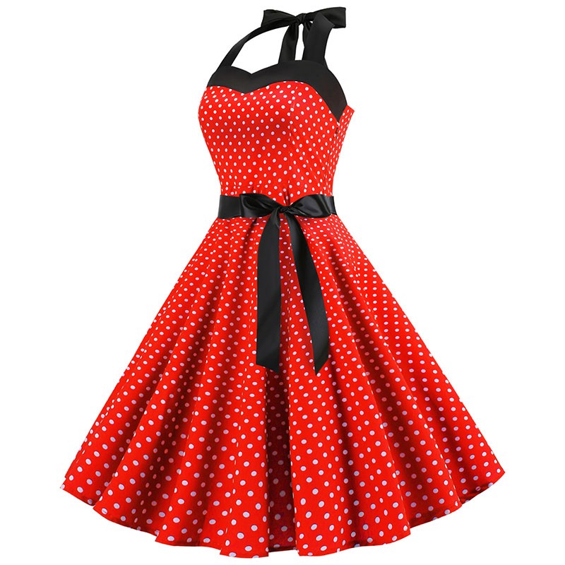 Sexy retro vermelho bolinhas vestido audrey hepburn vintage halter vestido 50s 6